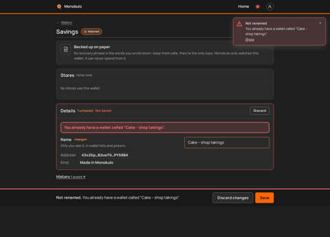 Wallet details failed, Desktop, dark
