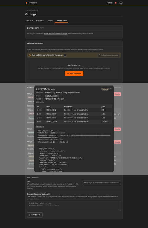 Store webhooks detail dialog, Desktop, dark