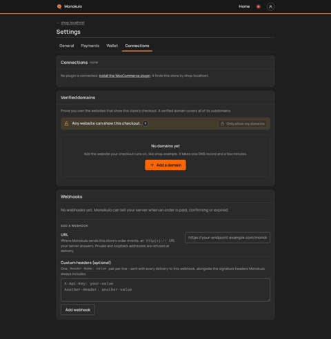 Store webhooks empty, Desktop, dark