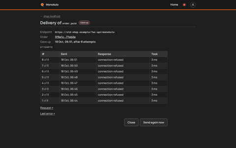Store webhooks detail page, Desktop, dark